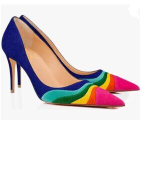 FOWT Rainbow High Heel Pointed Toe Pump Slip-on Rainbow Shoes for Dress Ladies
